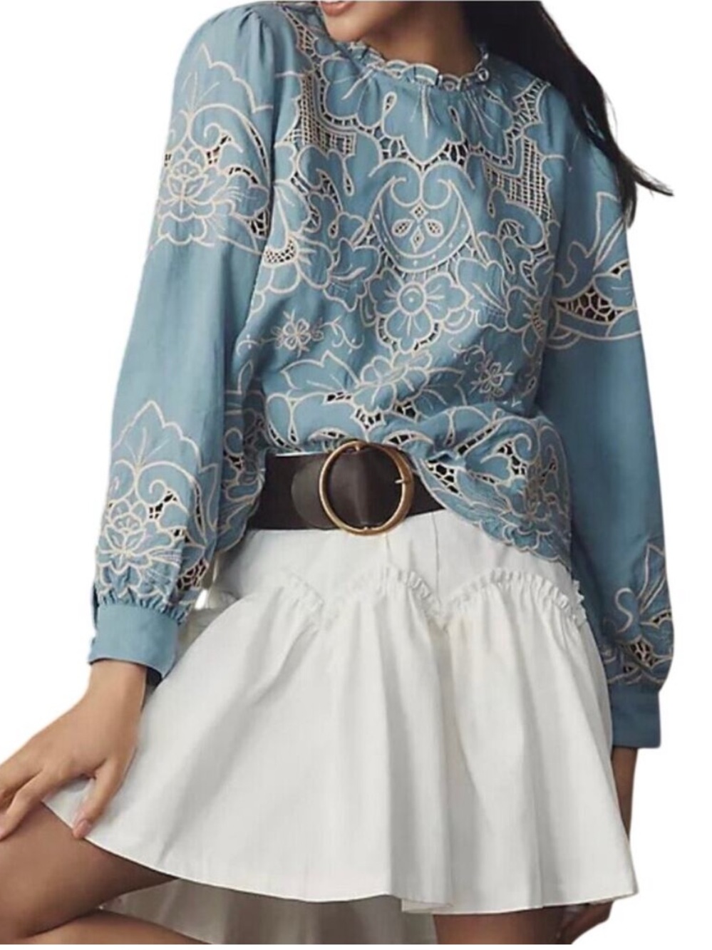 ANTHROPOLOGIE Women's Boho Lainie Linen Blend Blue Eyelet Cutout Top Large